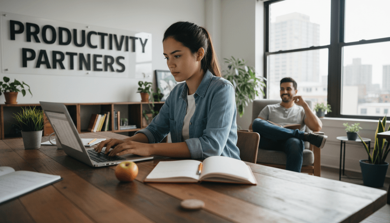 Two people in a productive body doubling session, one working at a desk with visible focus