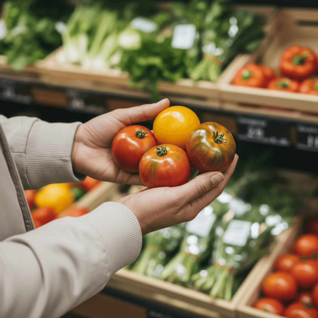 Customer hands selecting fresh tomatoes from grocery store produce display with soft natural lighting