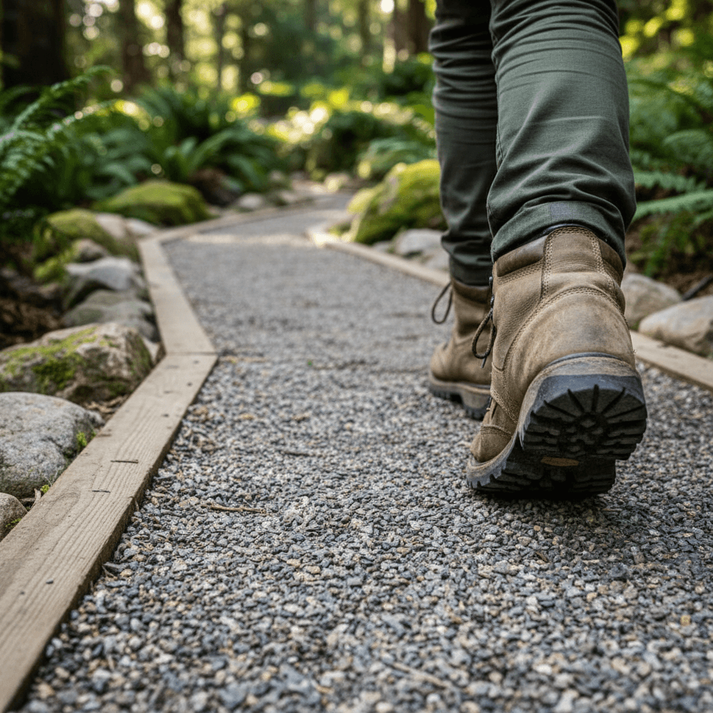 Close-up detail of hiking boot stepping on well-maintained forest trail surface