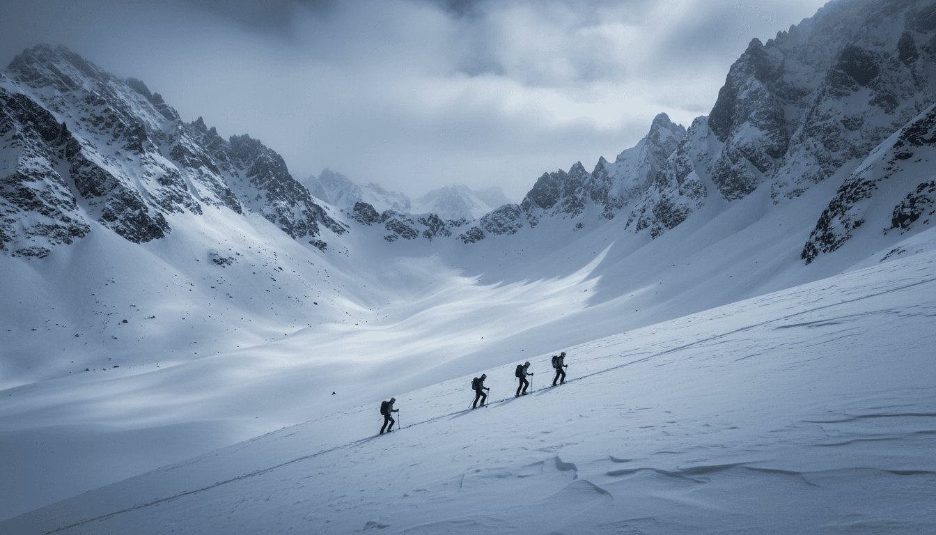 Group of skiers descending pristine unmarked slope with guide, dramatic snow-covered peaks in background