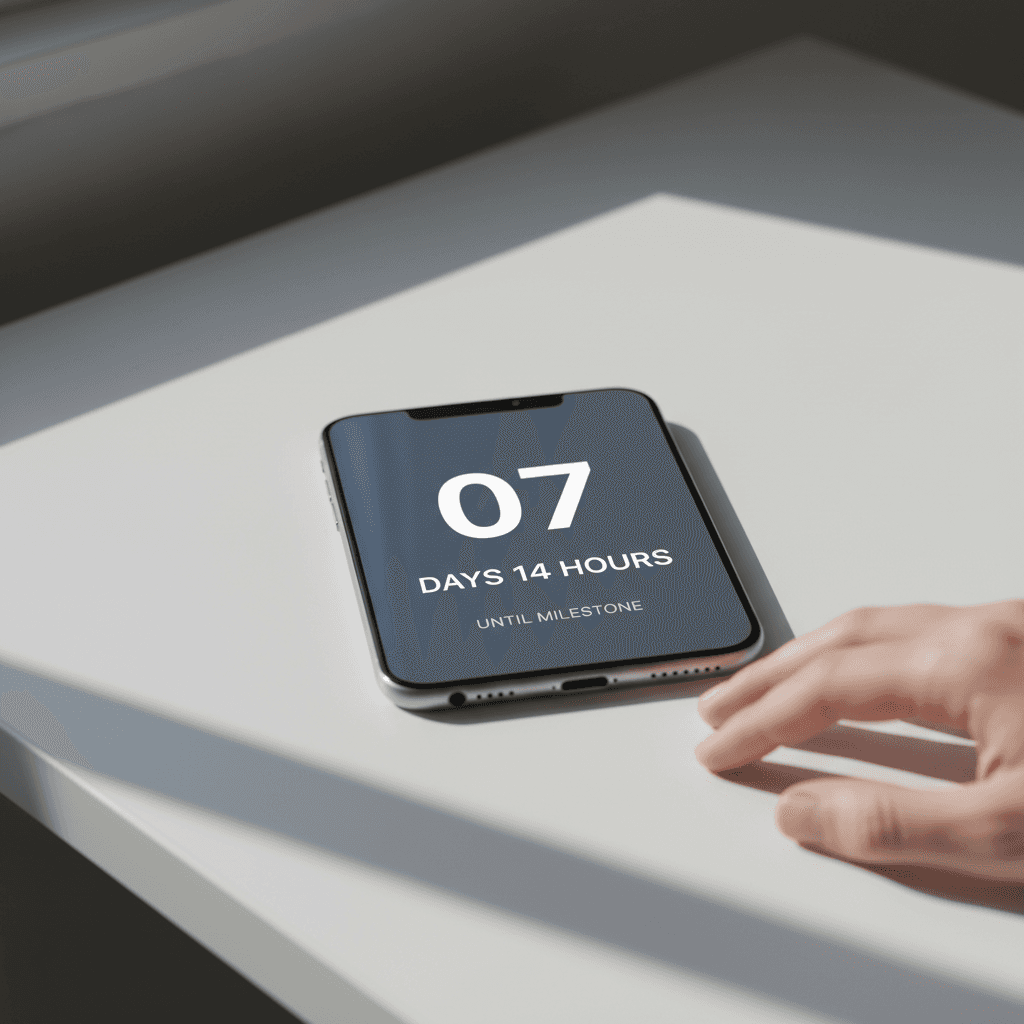 Smartphone screen displaying minimalist countdown timer with large numbers on clean white desk
