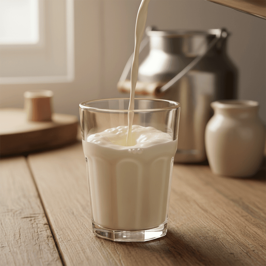 Fresh milk being poured into glass with warm natural light and rustic dairy counter setting