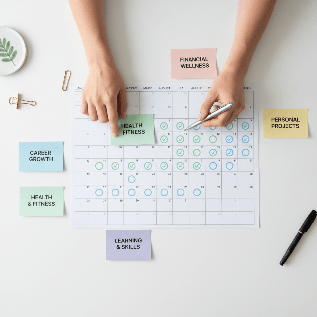Overhead view of comprehensive yearly calendar with color-coded goal tracking, progress indicators, and handwritten objectives