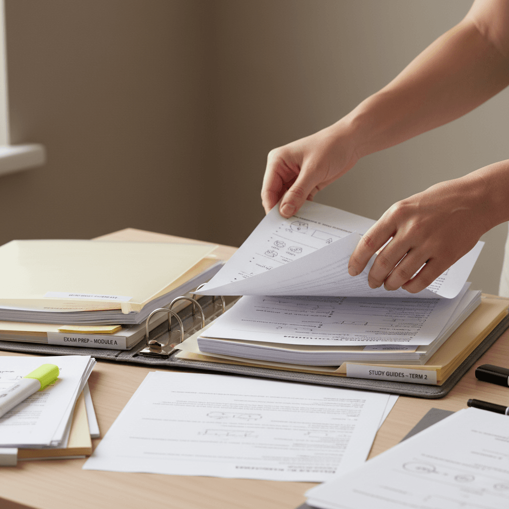 Close-up of hands organizing and filing examination papers and study materials into organized folders