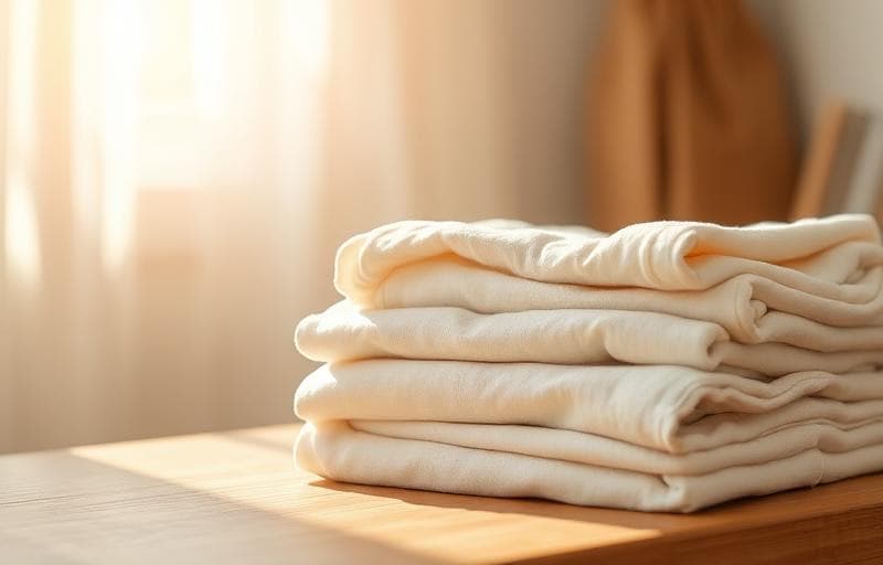 Neatly folded cream-colored clothes stacked on a wooden table in soft, warm natural sunlight.