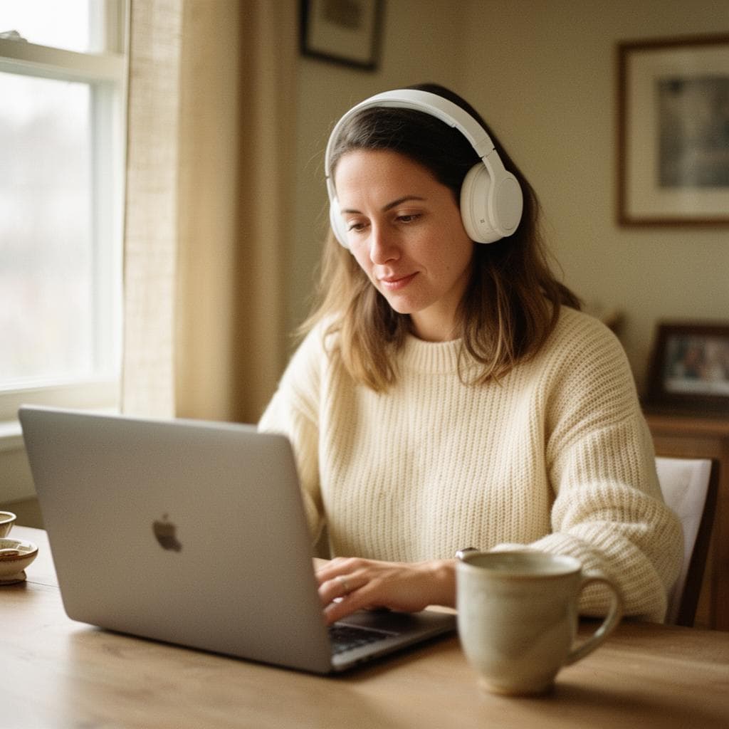 Woman wearing white headphones and a cream sweater works on a laptop at a wooden table.