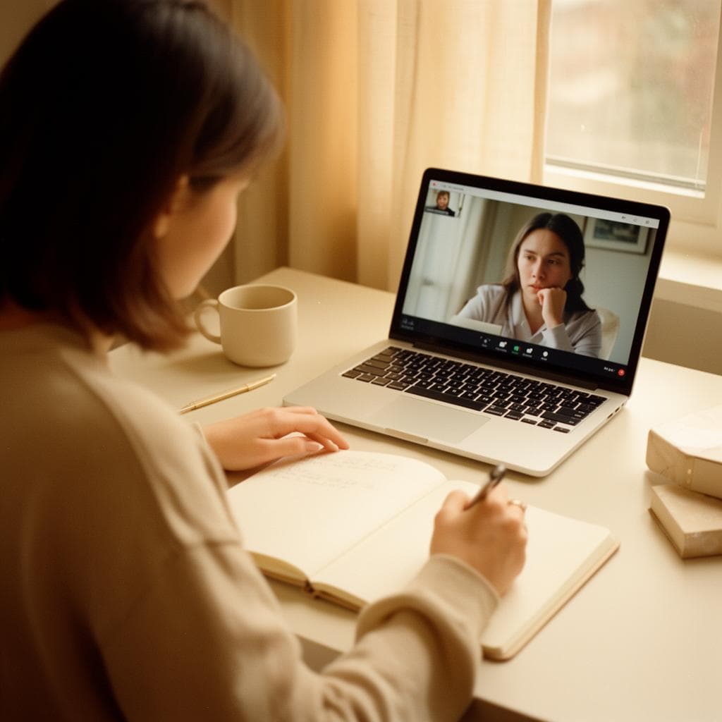 Woman taking notes in a notebook while participating in a video call on a laptop.