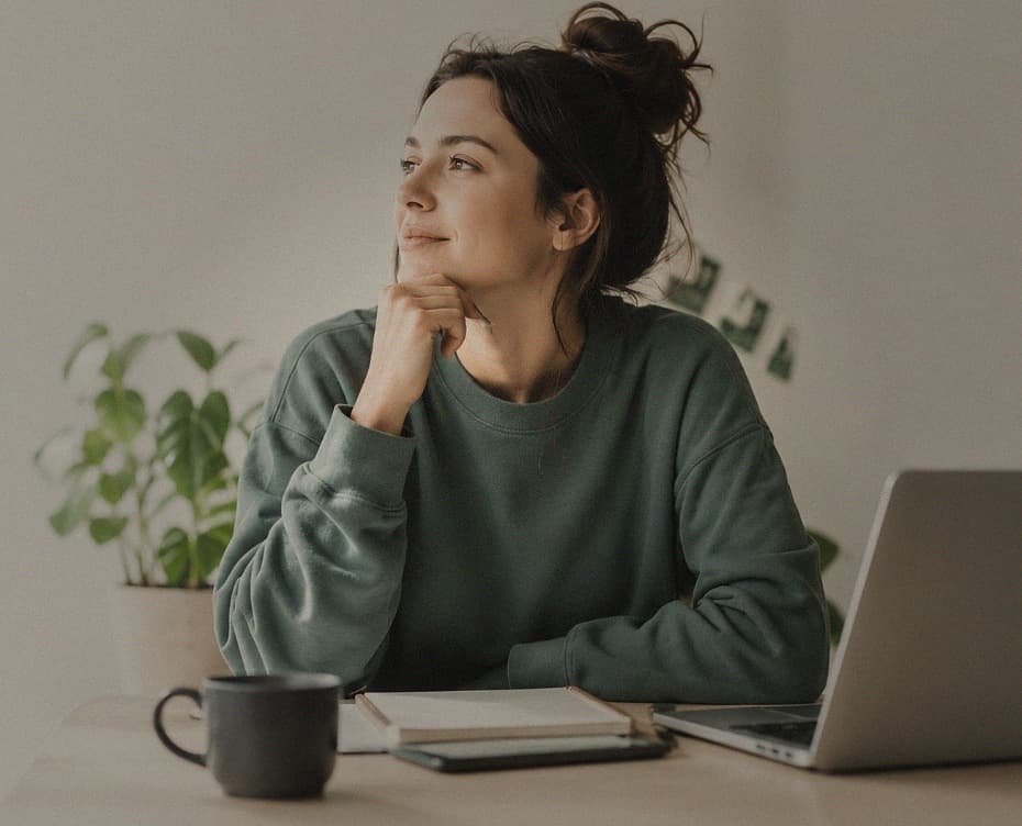 Thoughtful woman in green sweatshirt sits at a desk with laptop, notebook, and coffee mug.