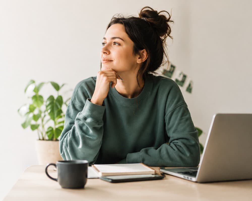 Woman in a green sweatshirt sits at a desk with a laptop, looking away thoughtfully.